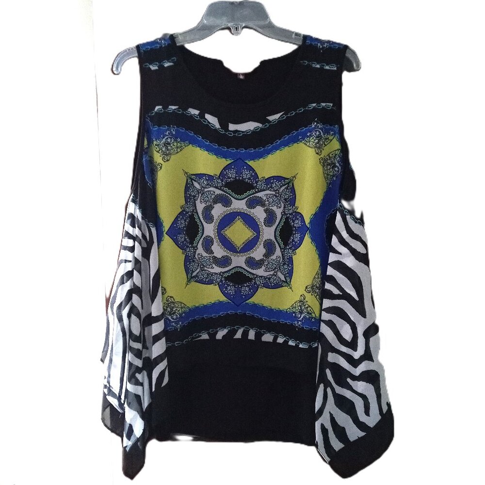 Multiples Colorful Tank Top Blouse with Overlay Semi Sheer sz L  B21